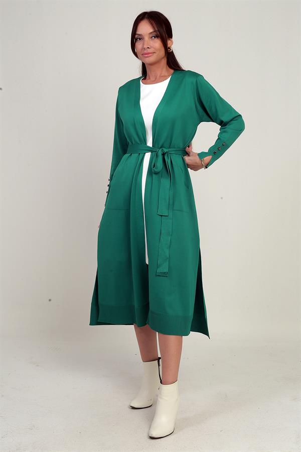 Gilet long pour femme avec manches boutonnées, poches et fentes latérales