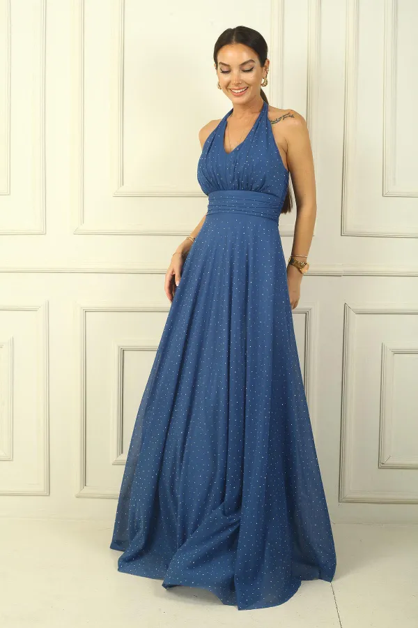 Kadın Boyundan Bağlamalı Taş Baskılı Astarlı Uzun Tül Elbise