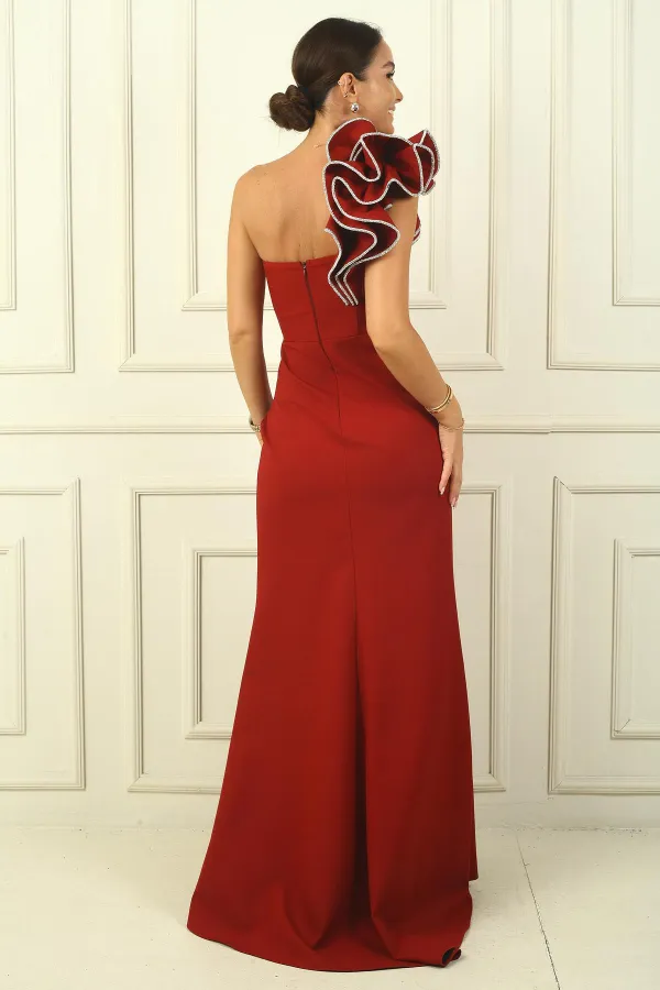 One-Shoulder Lined Crepe Mermaid Dress with Sparkling Stone Details