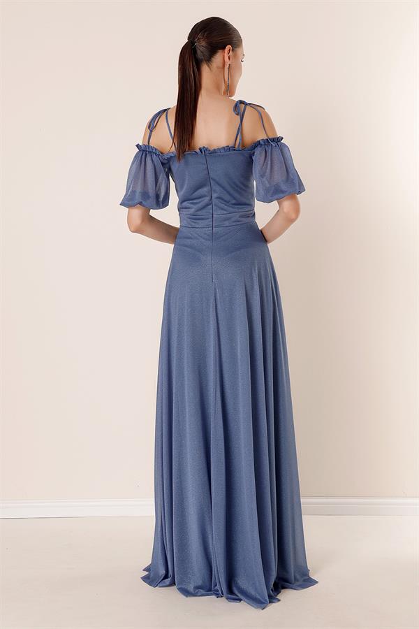 Long Dress with Pleated Neckline, Balloon Sleeves, Lined, and Glittery Embellishments.
