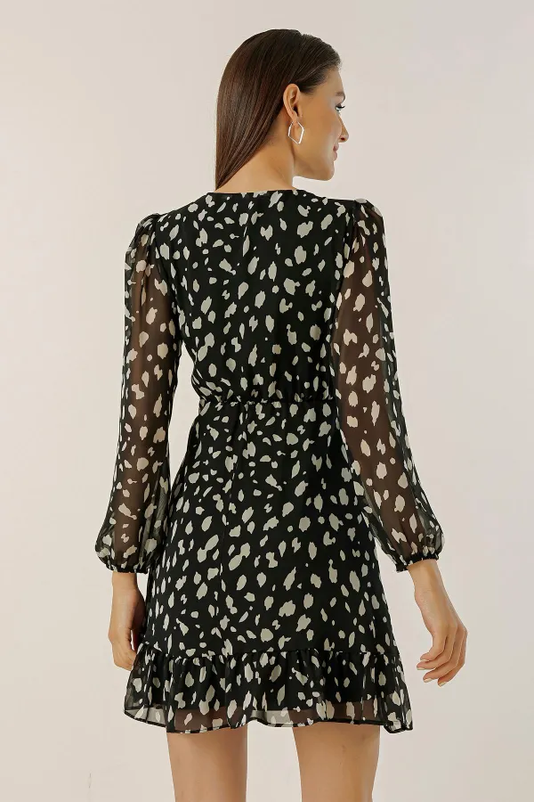 Double-Breasted, Tied Waist, Lined Dalmatian Chiffon Dress