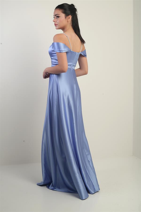 Strappy, Stone-Detailed, Square Neck, Lined Long Satin Dress