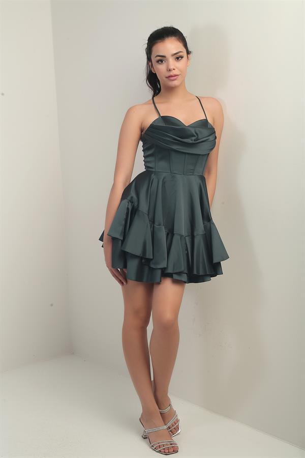 Women's Strappy Back Tie Underwired Short Satin Dress with Layered Lining
