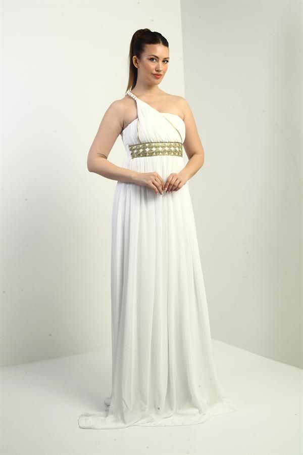 Kadın Tek Omuz Askılı Önü Hasır Astarlı Şifon Uzun Elbise