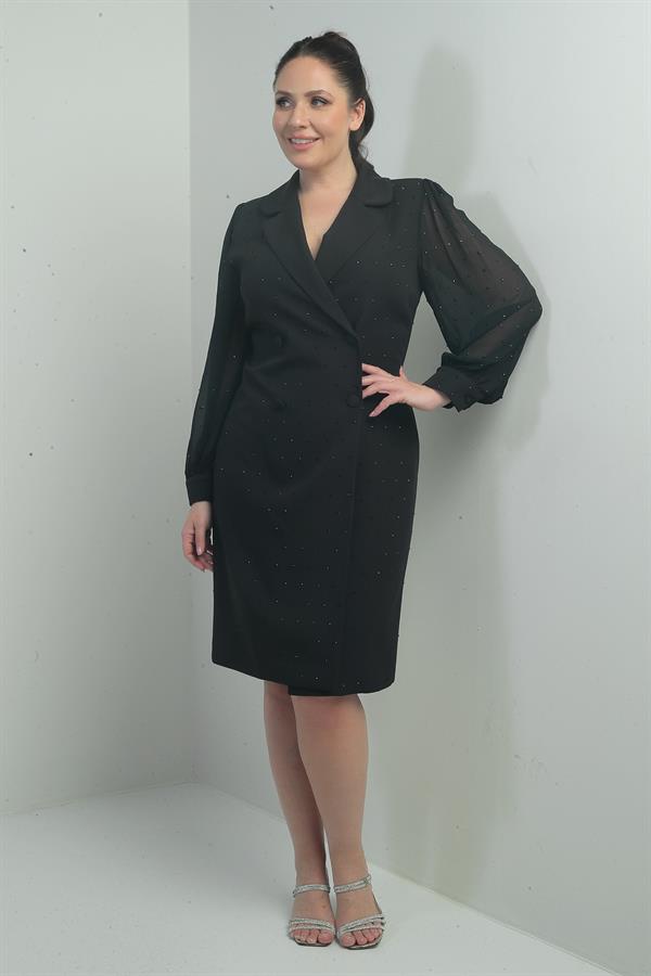 Kadın Kruvaze Yaka Önü Düğmeli Şifon Kollu Boncuklu Büyük Beden Kısa Elbise