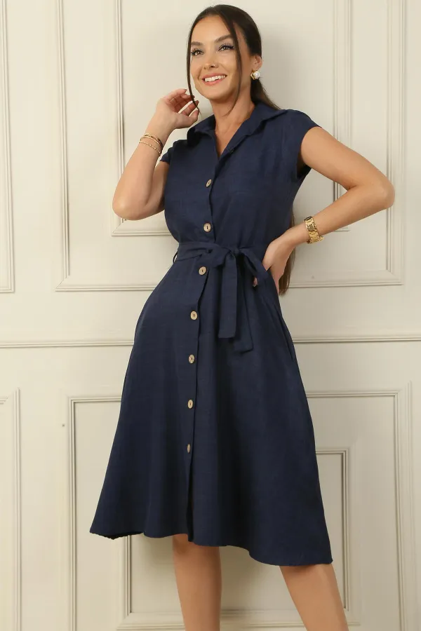 Button-front, belted, pocketed linen-effect dress.