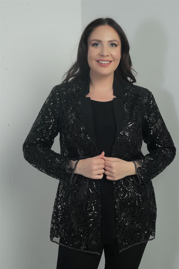 Kadın Pullu Tül Ceket Likralı Uzun Kol Bluz Büyük Beden 2'li Takım