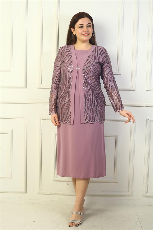 Women's Sequin and Glitter Embellished Tulle Jacket, Long-Sleeved Lined Crepe Dress, Plus Size Two-Piece Set