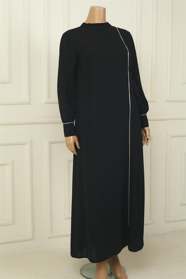 Robe longue en crêpe grande taille pour femme, avec manches zippées, ornements de pierres et fermeture à nouer sur le côté