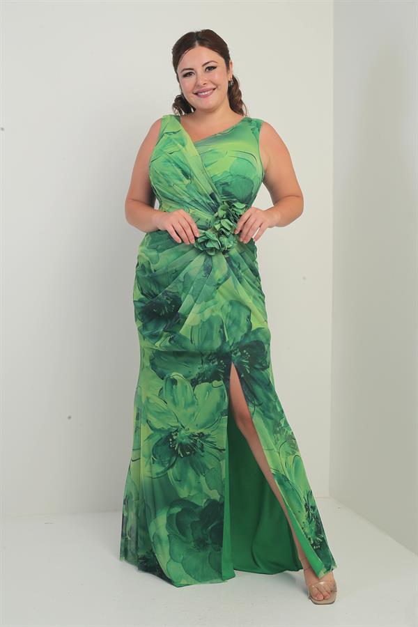 Women's Front and Back V-Neck Lined Draped Front 3D Floral Pattern Plus Size Tulle Long Dress
