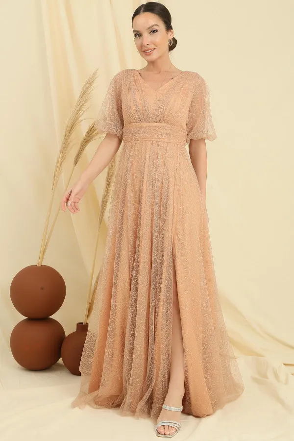 Robe longue en tissu dahlia pailleté à motif araignée, manches courtes ballon, devant et dos, col en V