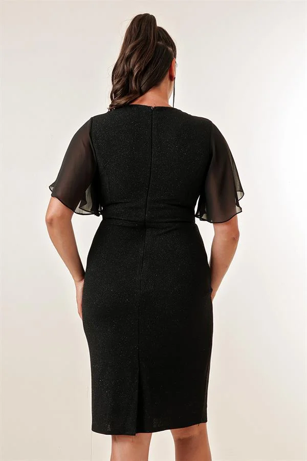 Robe courte grande taille à paillettes, manches en mousseline et ornements latéraux, doublée