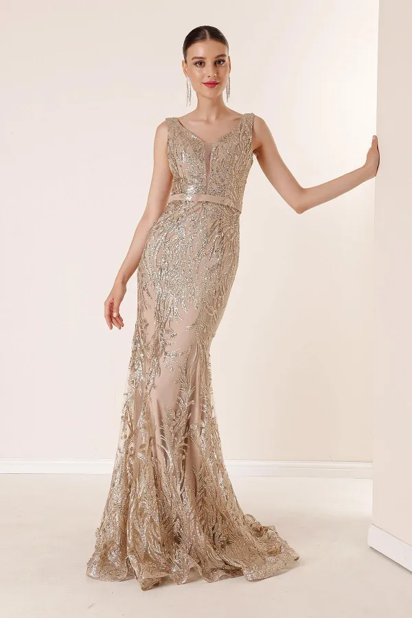 V-Neck Lined Glittery Flock Print Long Dress