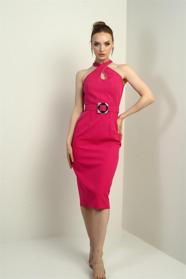 Kadın Taşlı Çapraz Yaka Beli Kemerli Midi Krep Elbise