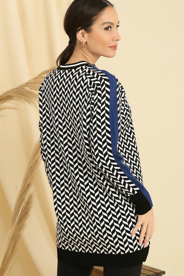 Tunique tricotée à rayures, coupe décontractée, col et poignets à motifs en zigzag