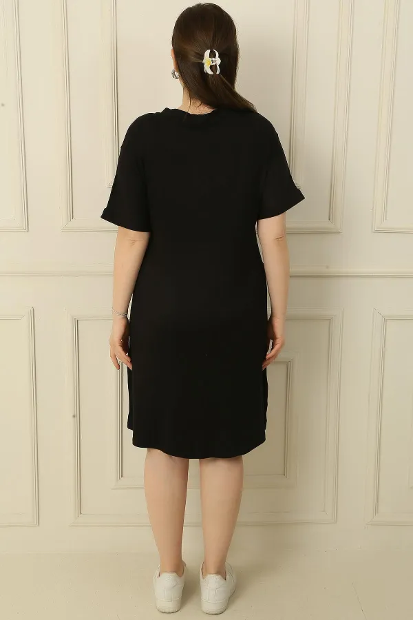 V Yaka Cepleri Taşlı Büyük Beden Viskon Elbise