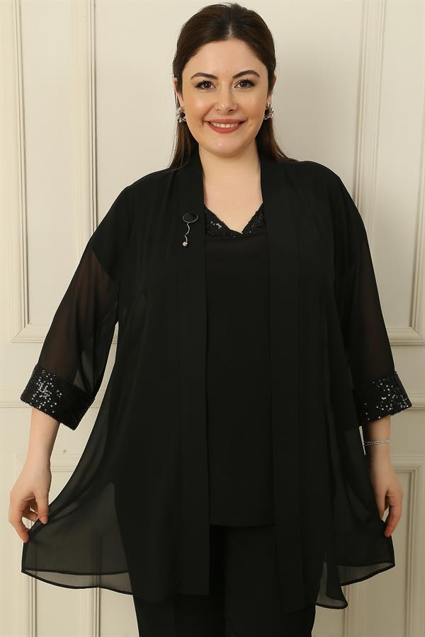 Ensemble 2 pièces grande taille : chemisier sans manches à sequins et col en V, veste en mousseline à détails bronzés et poignets à sequins.