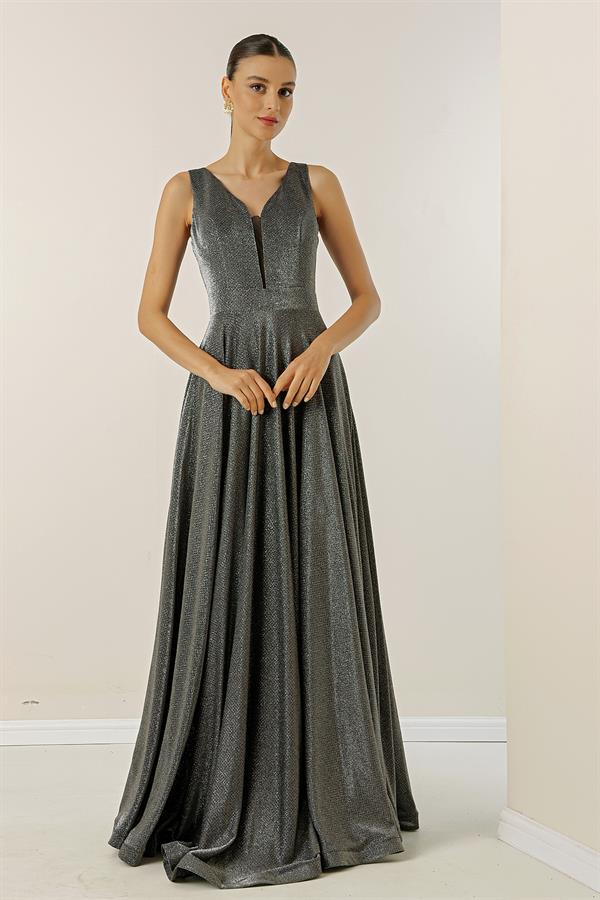 V Yaka Hayal Tüllü Simli Astarlı Abiye Elbise