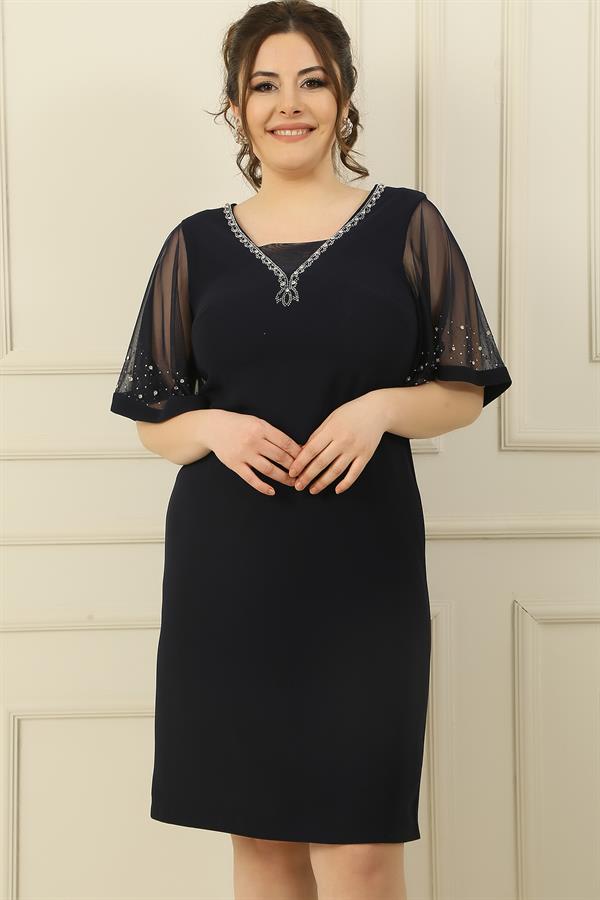 Plus Size Dress with Stone Embellishment on Collar and Sleeves and Lining