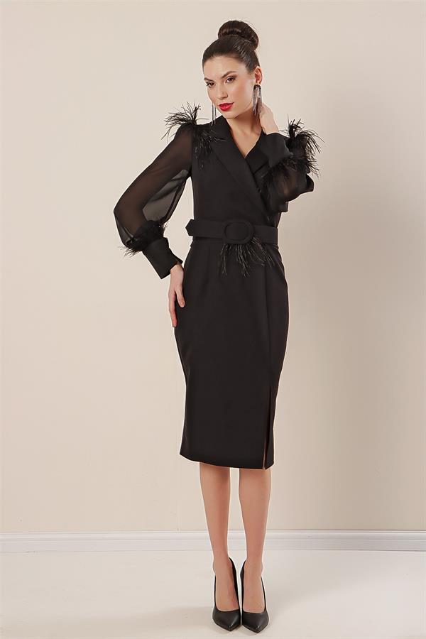 Wrap-neck, belted waist, front slit, chiffon sleeves with cuffs and feather detail, crepe dress.