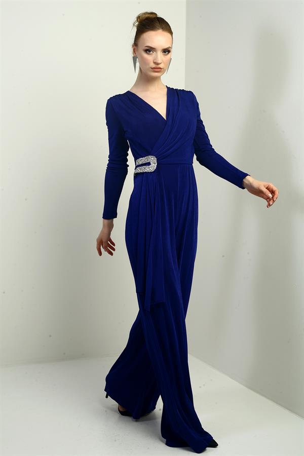 Women's Wrap Neckline Long Sleeved Wide Leg Lycra Jumpsuit with Waist Stone Detail