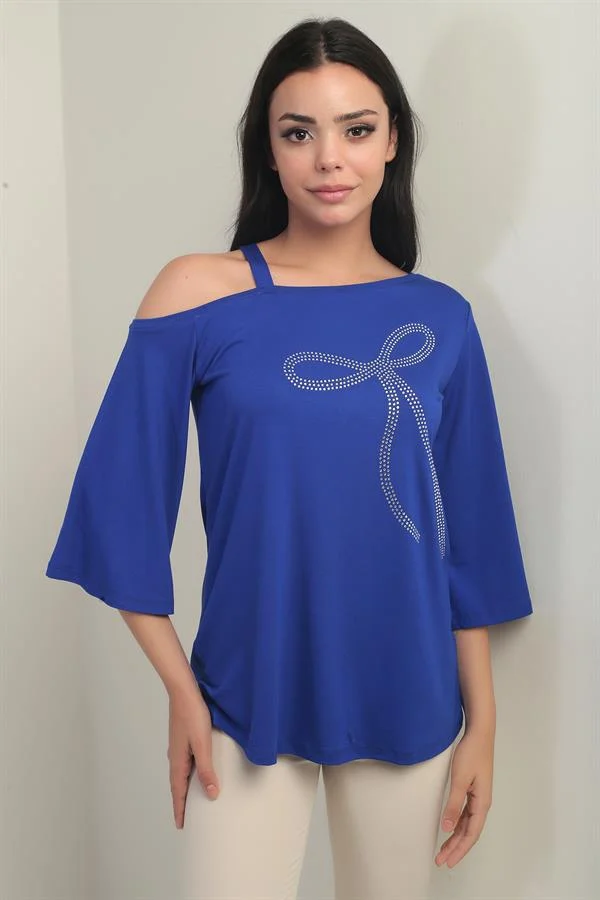 Women's One-Shoulder Blouse with Bow and Rhinestone Print, Lycra