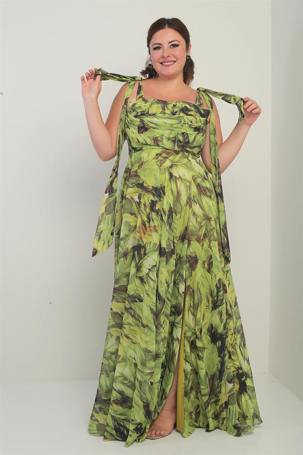 Robe longue en crêpe mousseline à motif de feuilles, grande taille, col en V, épaules dénudées, bretelles nouées, doublée