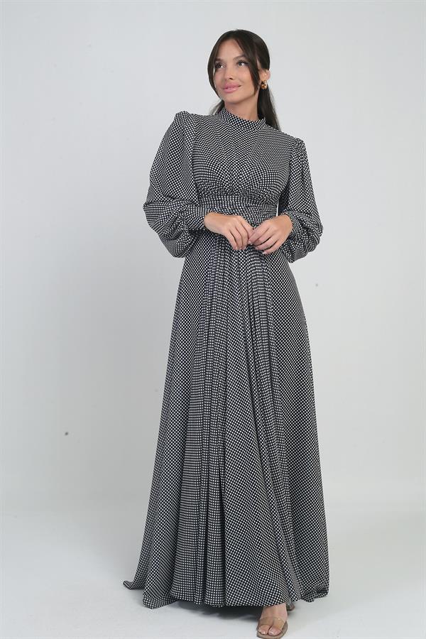 Kadın Önü Drapeli Benekli Uzun Şifon Elbise