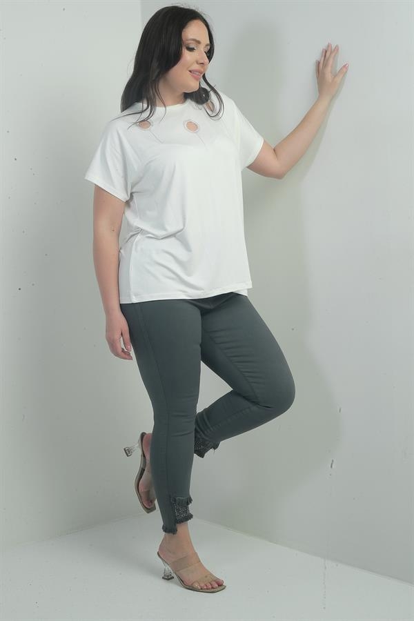 Kadın Dar Paça Taş Ve Püskül Detaylı Likralı Büyük Beden Kanvas Pantolon