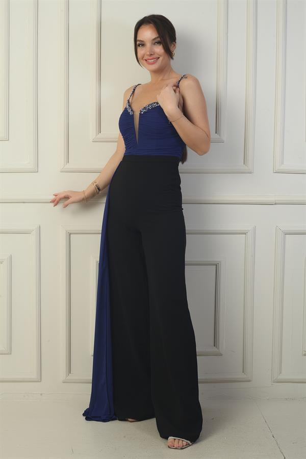 Women's Strappy Jumpsuit with Beaded Details and Chiffon Crepe Top