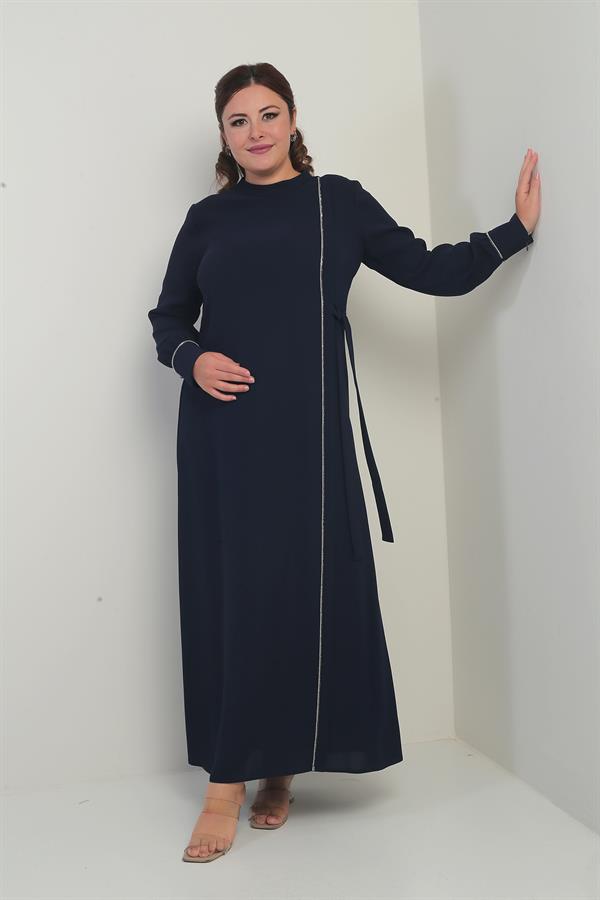 Women's Plus Size Long Crepe Dress with Zippered Sleeves, Stone Embellishments, and Side Tie Closure