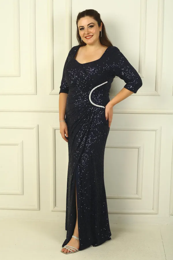 Truvakar Kol Astarlı Önü Drapeli Pulpayet Büyük Beden Uzun Elbise