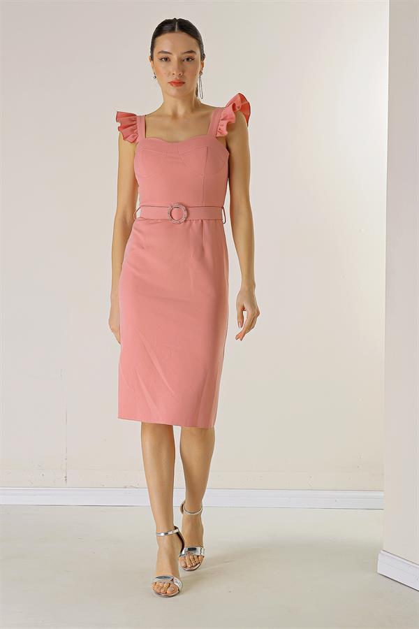 Askıları Fırfırlı Glop Detaylı Astarllı Beli Kemerli Krep Elbise