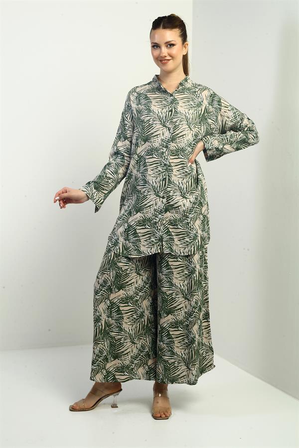 Kadın Yanları Yırtmaçlı Tunik Gömlek Beli Lastikli Cepli Palazzo Pantolon Yaprak Desenli Oversize 2'li Takım