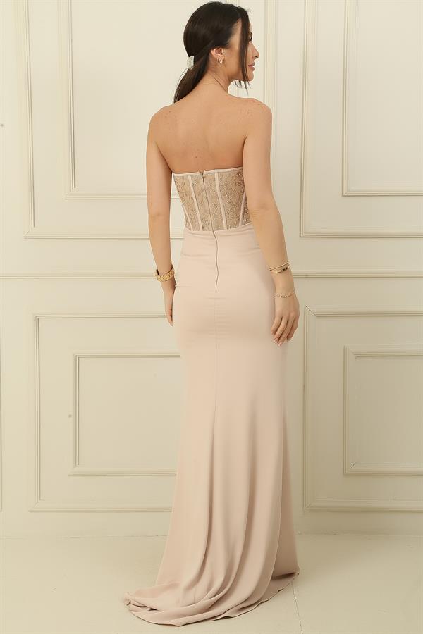 Women's Long Dress with Beaded Embellishment, Underwired, Transparent, Ruffled Front, and Slit, Lined.