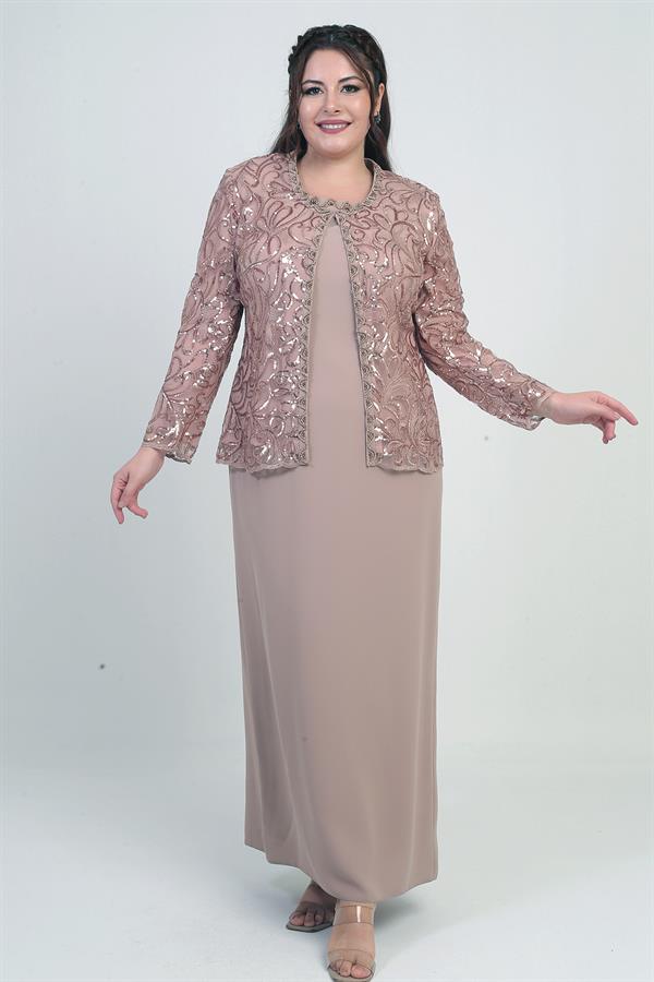 Ensemble 2 pièces pour femme, comprenant une veste en tulle ornée de sequins et de perles, une robe longue à manches demi-lune en crêpe doublée et un pantalon grande taille.