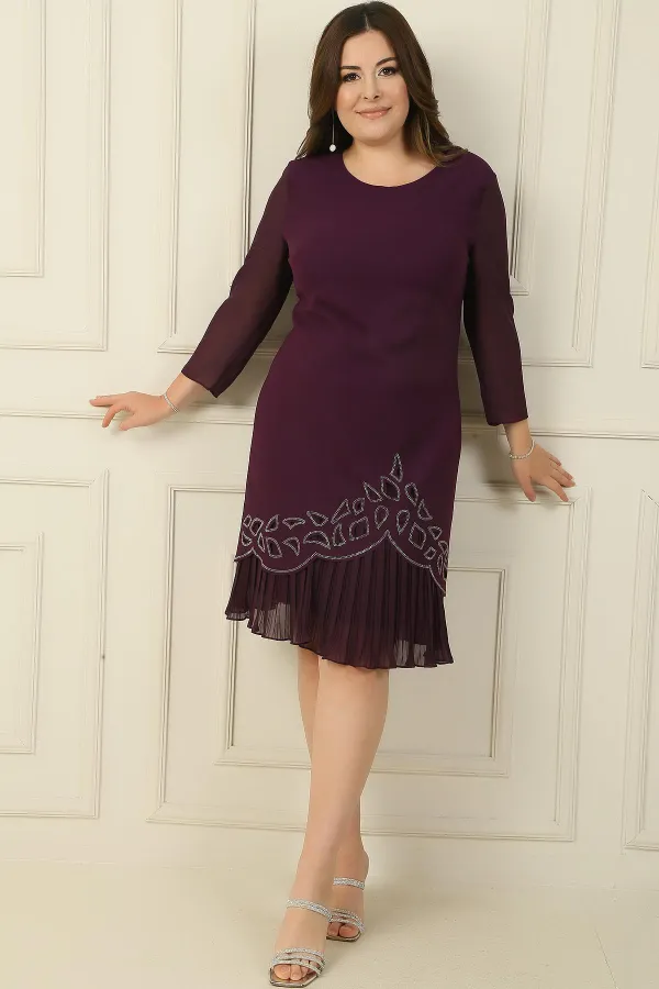 Plus Size Crepe Dress with Chiffon Pleated Sleeves and Stone Detail on the Hem