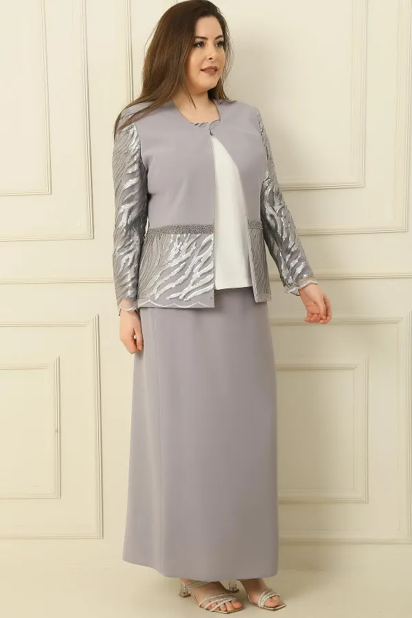 İçi Yarım Ay Kol Bluz Pul NakışişlemeBoncuk Detaylı Ceket Etek Astarlı Büyük Beden 3'lü Takım