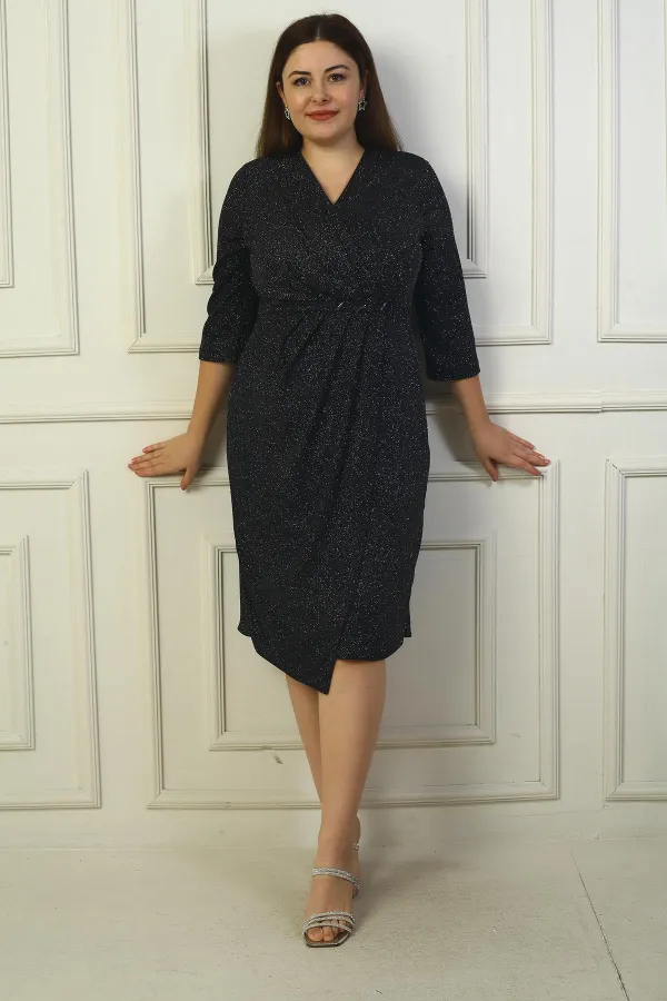 Kadın Kruvaze Yaka Uzun Kollu Astarlı Pileli Beli Aksesuar Detaylı Büyük Beden Simli Kısa Elbise