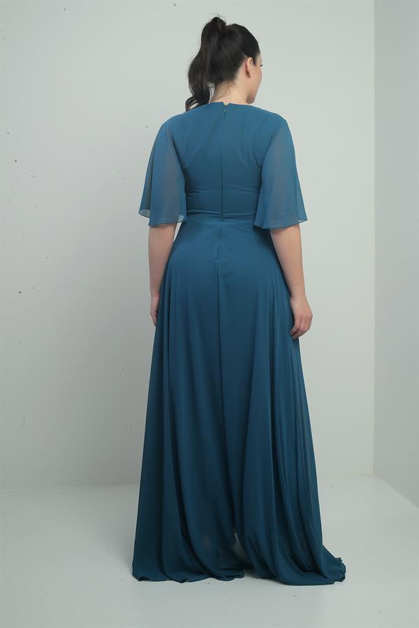 Kadın V Yaka Beli Taşlı Drapeli Astarlı Büyük Beden Uzun Şifon Elbise