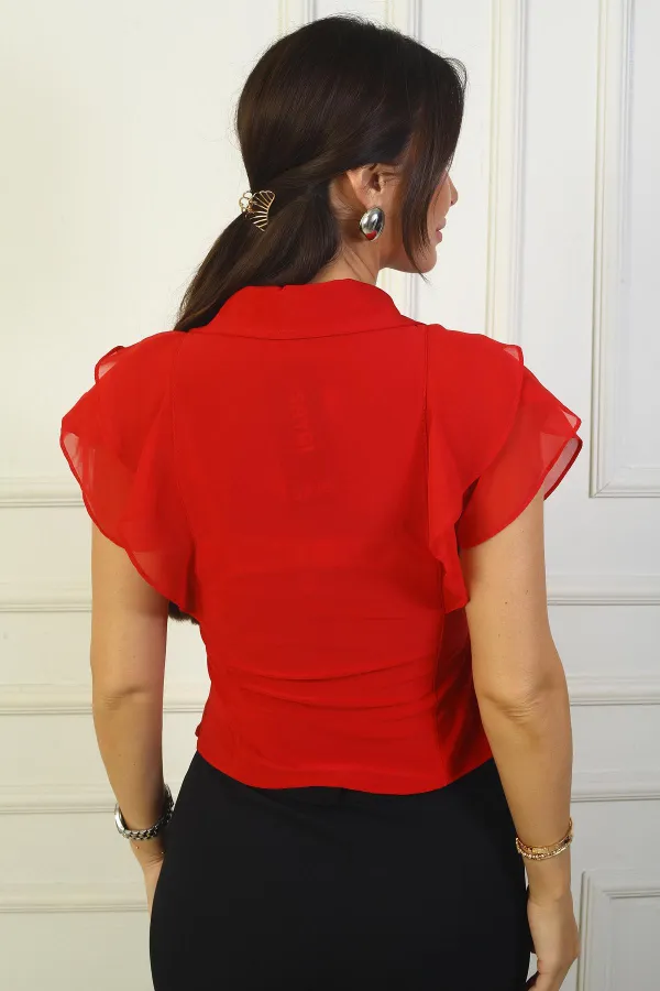 Double-breasted Collar Front Buttoned Shoulder Layered Chiffon Sleeveless Blouse