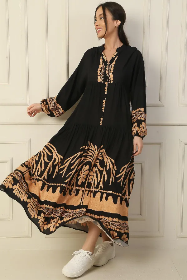 Long, half-buttoned, elasticated sleeve, printed modest dress.