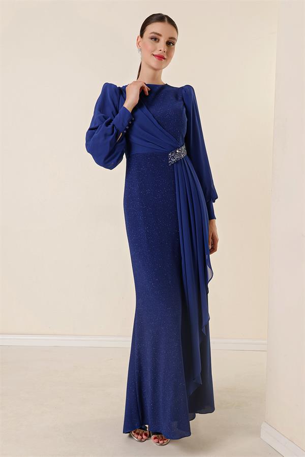 Beli Taş Aksesuarlı Likralı Şifon Detaylı Astarlı Uzun Simli Geniş Beden Aralıklı Elbise