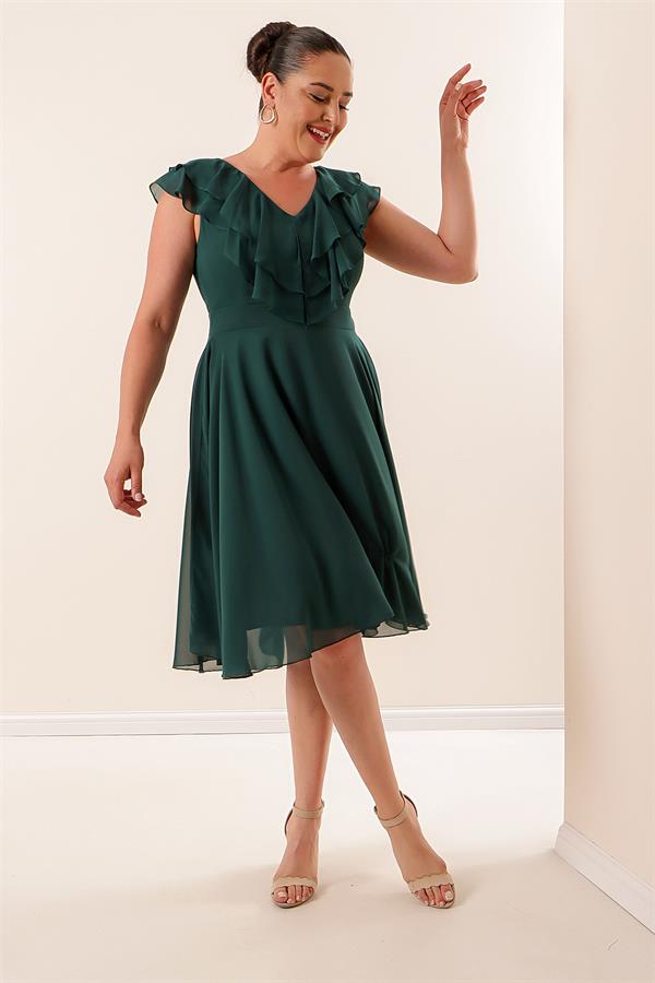 Yaka Volanlı Şifon Büyük Beden Elbise