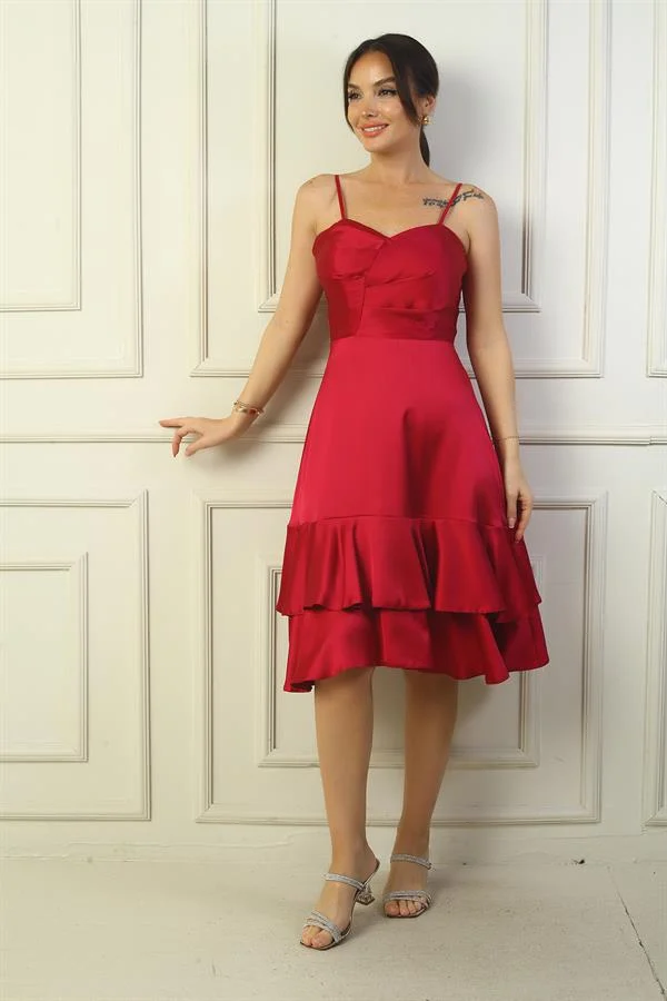 Women's Strappy Front Draped Lined Skirt with Double Ruffled Satin