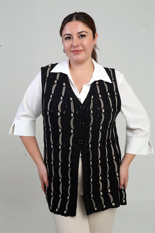 Kadın Önü Düğmeli Ajurlu Büyük Beden Triko Yelek