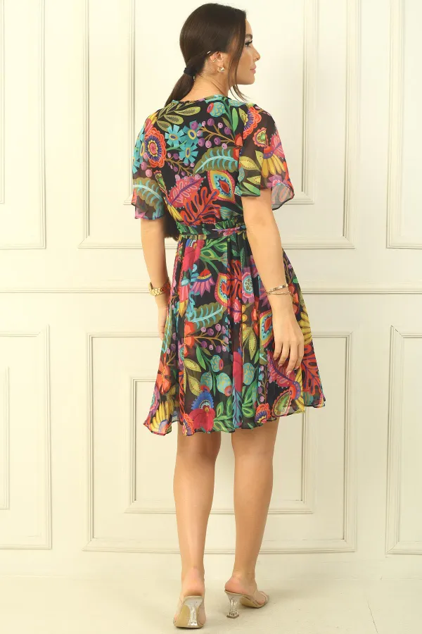 Fresh Pattern Chiffon Short Dress with Double Breasted Collar, Flounce Sleeves, Lined Waist Belt