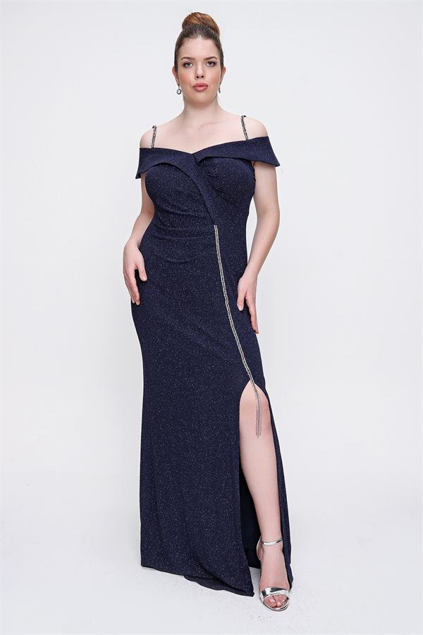 Taşlı İp Askılı Önü Yırtmaçlı Astarlı Büyük Beden Uzun Elbise