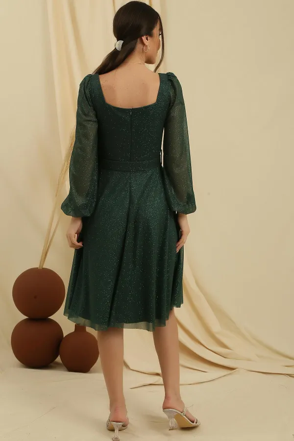 Square Neck Belted Balloon Sleeve Lined Glittery Dress