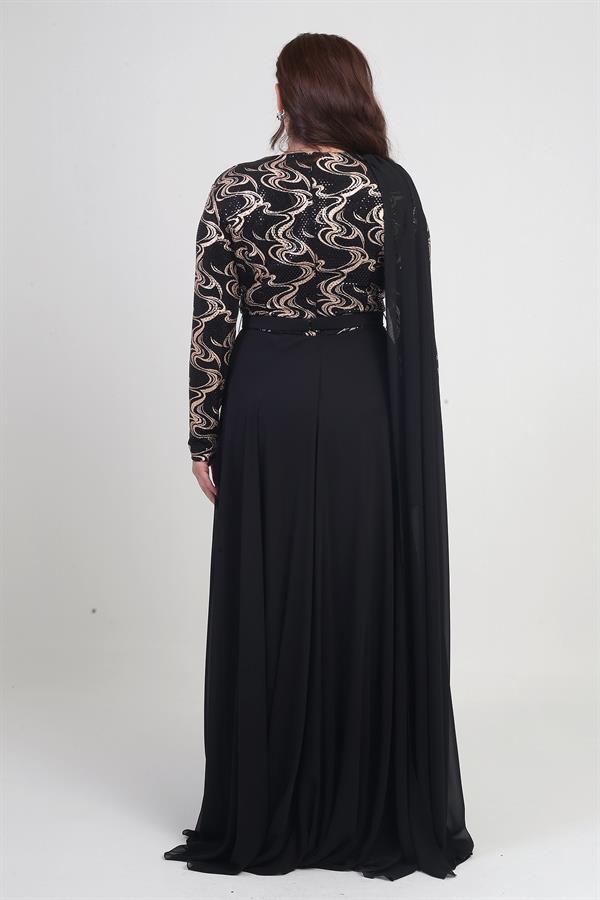 Kadın Kruvaze Yaka Görünümlü Pullu Astarlı Şifon Uzun B.B. Elbise